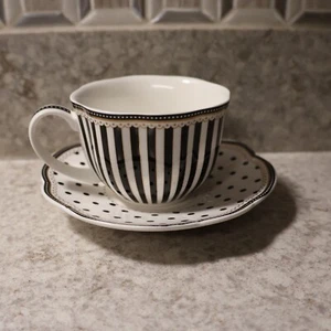 GRACE TEAWARE Teacup and Saucer Set Black Stripes Black Polka Dots - Picture 1 of 8