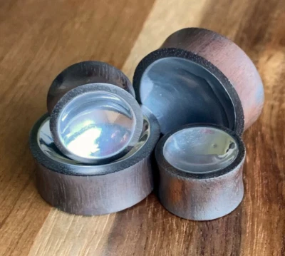 PAIR Concave Silver Tin Sono Wood Plugs Organic Gauges Earlets - Double Sided! - Image 1 of 4