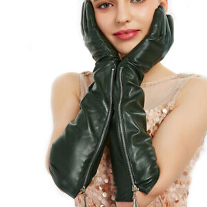 women fashion elbow long real leather side zipper evening long gloves