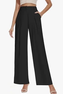 Kiczoy Womens Black Wide Leg Dress Pants Elastic High Rise Waist Trousers Size L - Picture 1 of 4