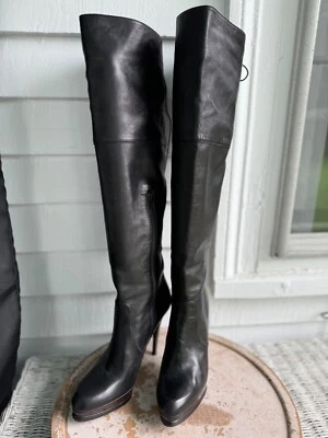 Stuart Weitzman Platform Over Knee Leather Boots Black Back Lace Women's US 8.5 - Image 1 of 4