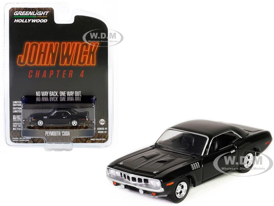 PLYMOUTH BARRACUDA BLACK "JOHN WICK 4" (2023) 1/64 CAR BY GREENLIGHT 62020 F - Image 1 of 1