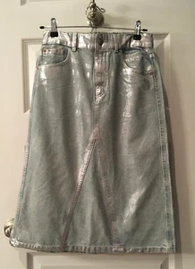NWT ZARA KIDS GIRL'S FOIL SKIRT DENIM JEAN MIDI BLUE METALLIC SIZE 13-14Y 164cm - Picture 1 of 7