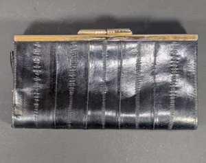 Vintage Eel Skin Leather Purse Wallet Black Ladies Bi-Fold 11-Card Slots 7" x 4" - Picture 1 of 7