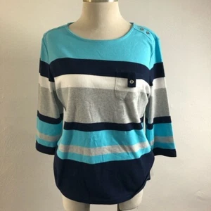 Blusa Top Karen Scott Para Mujer Pequeña Algodón Aqua Oasis Rayas Talla 2P - Imagen 1 de 6