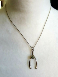 Vintage 1960s green gemstone Wishbone on 18 K white gold plated chain NECKLACE
