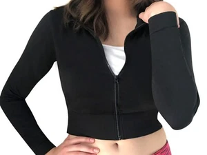 Women's Black Long Sleeve Full Zip Lightweight Cropped Workout Jacket - Small - Picture 1 of 11