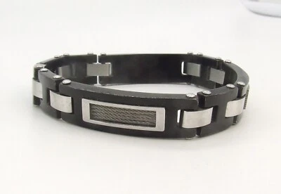 Pulseira masculina 8,7" INOX aço inoxidável/preta corrente de bicicleta com incrustação de fio torcido - Imagem 1 de 4