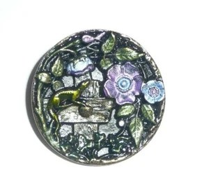 Hand Painted Antique Reproduction Flowers & Lizard Metal Shank Button - Picture 1 of 8