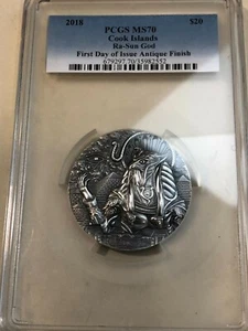 2018 PCGS MS70 Cook Islands Ra-Sun God 20 $ 3oz. Silber Antik Finish FDI - Bild 1 von 5