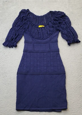 Vestido lápis de crochê feminino Catherine Malandrino pequeno forrado azul marinho manga folhada - Imagem 1 de 4