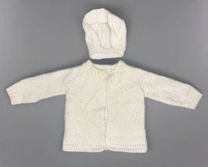 Vintage 1960s Crocheted Sweater & Bonnet Set Victorian Style Ivory Hand Knit - Picture 1 of 11