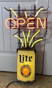 Vintage Everbrite Leuchtreklame "Open" Lite Fine Pilsner Beer 1988 Miller Bar selten - Bild 1 von 3