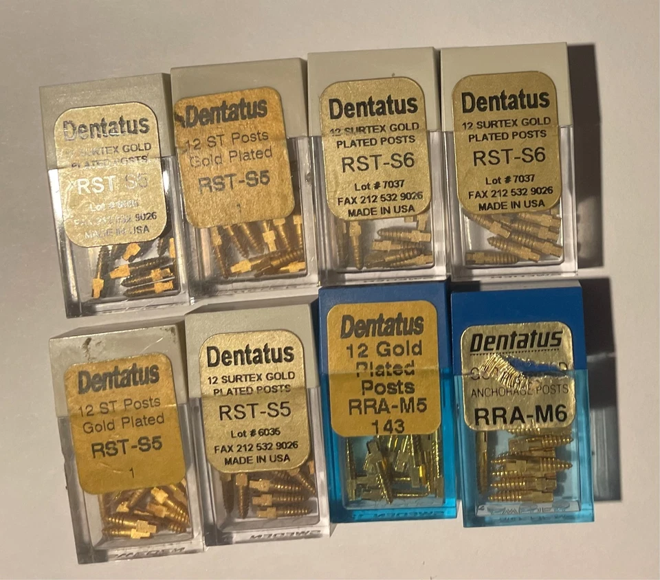 Стоматологические позолоченные винтовые стойки Dentatus Surtex лот S5 S6 M5 M6 всего 96 штук - Изображение 1 из 1