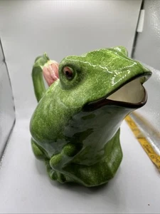 San Marco Majolica Frog Pitcher Italy Antique Green Pink Flower Handle - Picture 1 of 8
