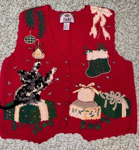 Cardigan vintage Tiara International maglione gilet donna grande Natale gatto campana - Foto 1 di 6