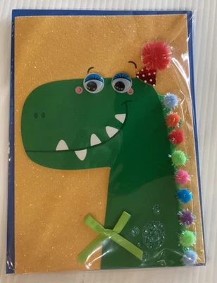 Burgoyne BIRTHDAY CARD Dinosaur w/ Googly Eyes GREEN Ribbon GLITTER Pom Poms 3-D - Image 1 of 3