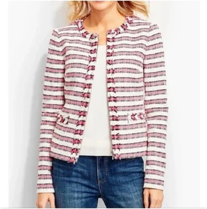 Talbots Women 18W Petites Pink White Multi Stripe Fringe Trim Zip Blazer Jacket - Picture 1 of 6