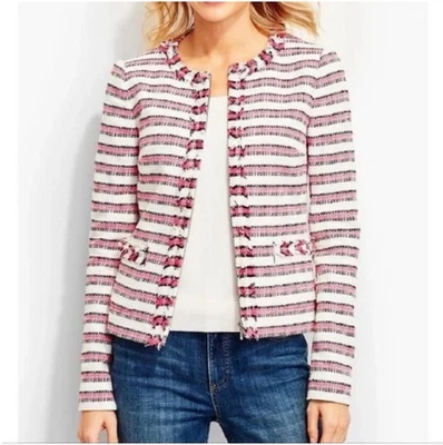 Talbots Women 18W Petites Pink White Multi Stripe Fringe Trim Zip Blazer Jacket - Image 1 of 4