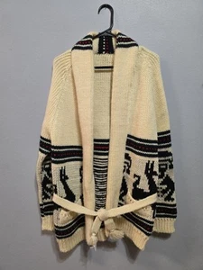 Vtg 1970's Heavy Southwestern Wool Robe Style Cardigan Sweater Llama Tie Front - Picture 1 of 16