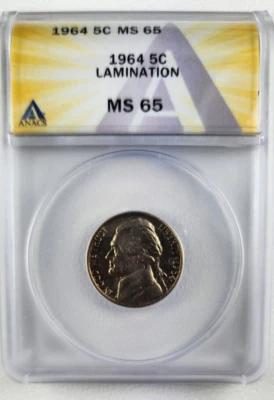 1964 Jefferson Nickel Lamination Error MS65 Uncirculated ANACS - Image 1 of 3