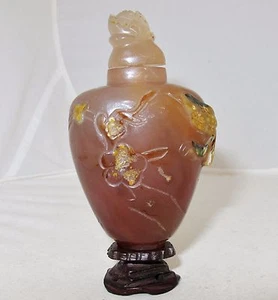 3.7" Chinese Carved Burnt Orange & Tan Carnelian Agate Snuff Bottle with Bird - Picture 1 of 12