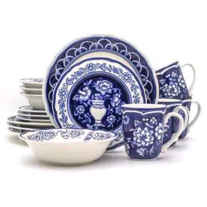 4 Service 16-piece Blue & White Asian Floral Stoneware Home Table Dinnerware Set - Picture 1 of 7