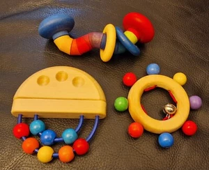 Bundle of 3 Vintage Wooden Rattles Teethers Woogle Haba - Picture 1 of 23