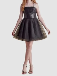$289 Un Deux Trois Kid's Girl's Black Sequin and Tulle Mini Dress Size 12 - Picture 1 of 3