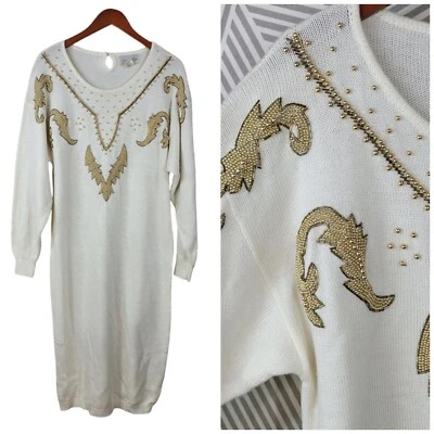 Vintage 80/90s Sweater Dress size Large White Gold Embellished Glam Party Beaded - Image 1 of 4