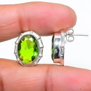 Green Peridot Gemstone Handmade 925 Sterling silver Stud Earring Size 0.75'' - Picture 1 of 1
