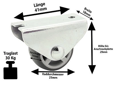 4 x Vollgummi Bettkasten Möbel Laufrolle Ø 25 mm Parkett Laminat Rollen 30 KG - Bild 1 von 4