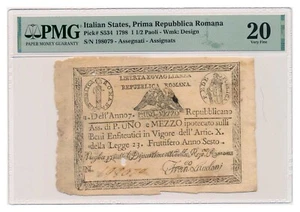 ITALIAN STATES (REPUBLICA ROMANA) banknote 1 1/2 Paoli 1798 PMG VF 20 Very Fine - Picture 1 of 7