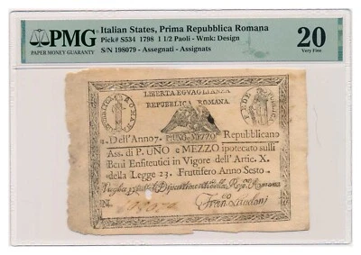 Billete ESTADOS ITALIANOS (REPUBBLICA ROMANA) 1 1/2 Paoli 1798 PMG VF 20 muy fino Foto 1 de 4