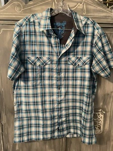 Para Hombres Kuhl Talla Mediana Born in the Mountains Azul Cuadros Perla Botón A Presión - Imagen 1 de 8