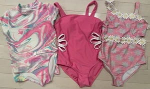 Lot Of 3 Girls Swimsuits - Rashguard daisies Look!! Size 7-8 & 10 - Picture 1 of 3