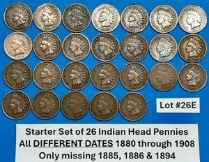 Starter Indian Head Penny Pennies Set of 26 DIFFERENT DATES 1880-1908 Lot #26E - Picture 1 of 5