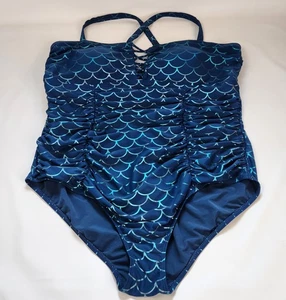 Torrid Swim Wireless One Piece Swimsuit Mermaid Metallic Scales Blue Plus 3 - Picture 1 of 9
