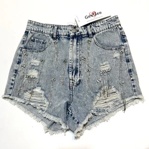 Rhinestone Fringe Light Blue Distressed Denim Shorts NWT Small Festival Concert - Picture 1 of 10