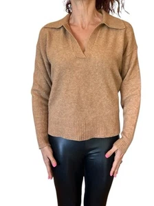 J. SUÉTER CUELLO EN V TRIPULACIÓN HILO SUPERSUAVE LANA ALPACA CAMEL MARRÓN XS BJ597 - Imagen 1 de 10