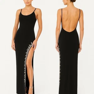 Mac Duggal Black Embellished High Slit Spaghetti Strap Evening Gown Size 8 - Picture 1 of 14