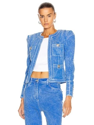 BALMAIN BLUE   WASHED  EFFECT COLLARLESS DENIM JACKET NEW SIZE 38 - Image 1 of 4