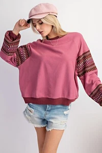 EASEL CLOTHING ETHNIC TRIM FEATURED INSIDE OUT KNIT PULLOVER-MUAVE-SIZE LARGE - Picture 1 of 6