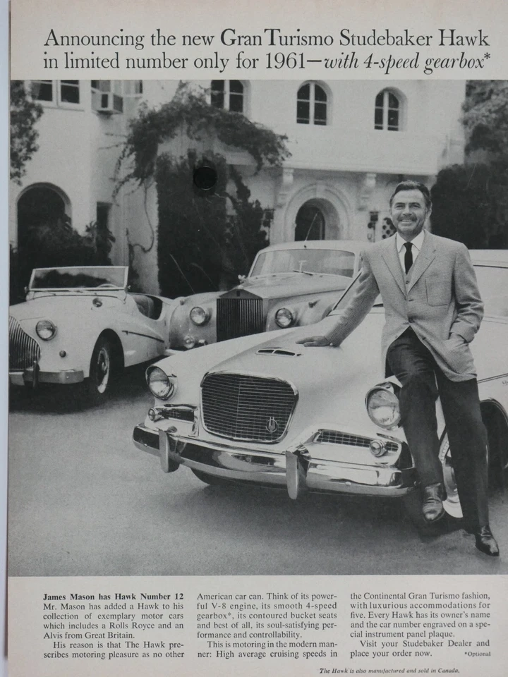 1961 Studebaker Hawk GT-4 Speed # 12 James Mason Vintage Rolls Royce 8.5x 11" - Image 1 of 4