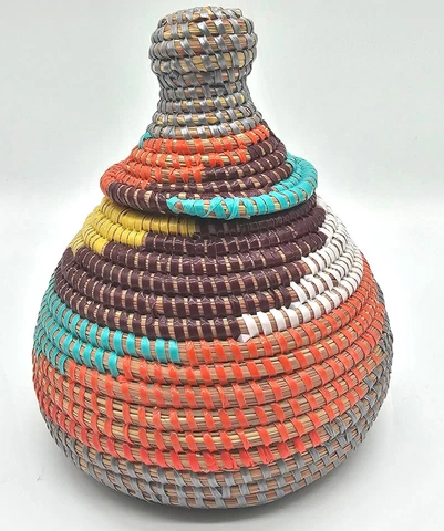 Vintage African Handmade Colorful Coil Grass Basket with Lid Ships Fast!!! Cover