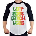 Men's Rasta Lift More Bitch Less Raglan Baseball T-Shirt Workout Gym Fit Tee B64