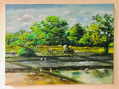 Original Oil Painting 'Sri Lankan traditional paddy cultivation' paint on canvas - Image 1 of 4