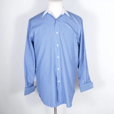 Bergdorf Goodman Tailor Fit 条纹蓝色 100% 棉对比领 FR 袖 16 — 第 1/4 张图片