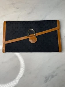 Vintage Gucci Monogram Envelope Clutch Bag Navy Blue Tan Leather - Picture 1 of 15
