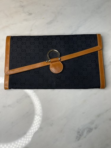 Borsa pochette vintage Gucci monogramma busta blu navy pelle marrone